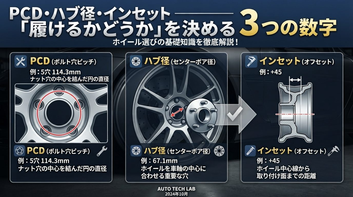 PCD・ハブ径・インセット — 「履けるかどうか」を決める 3 つの数字
