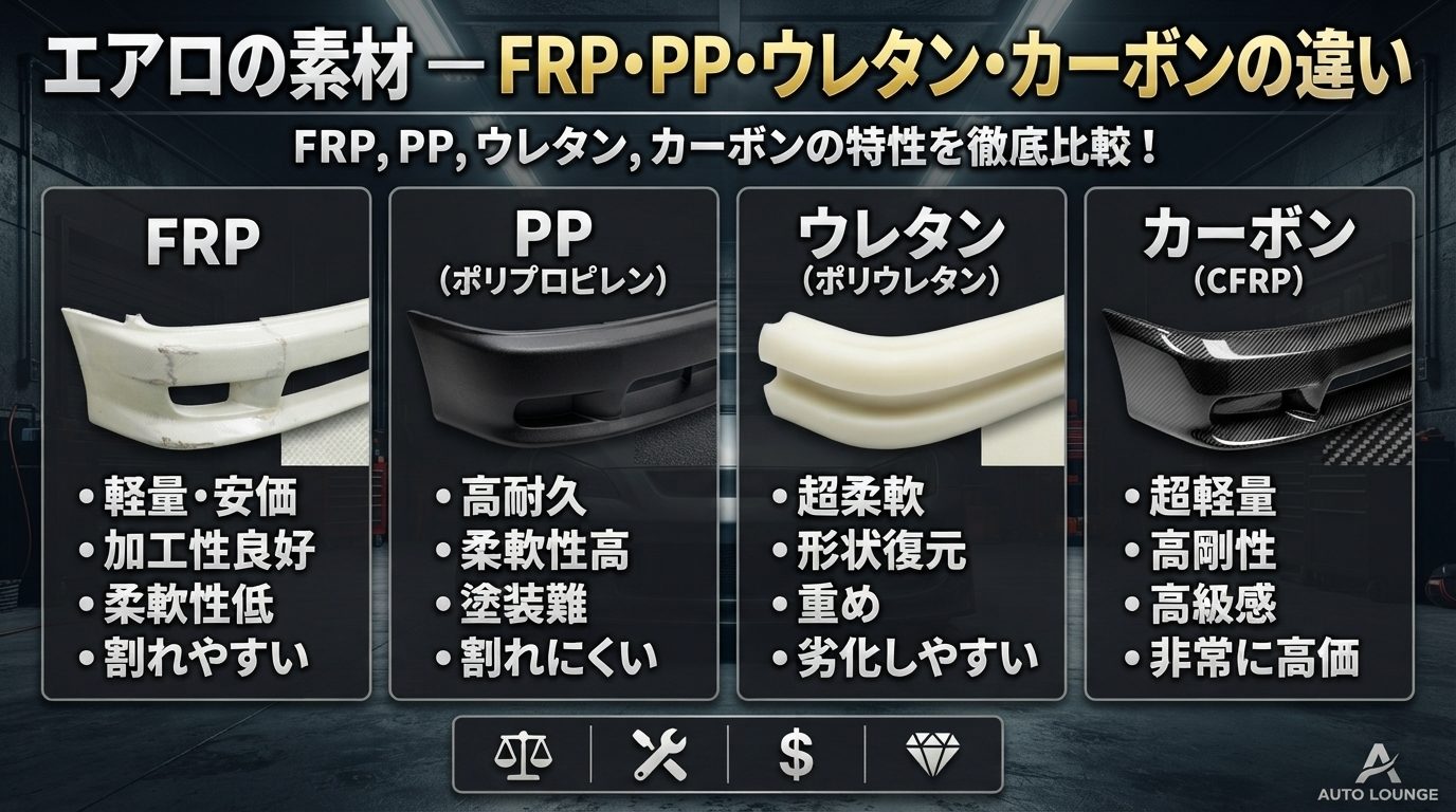 エアロの素材 — FRP・PP・ウレタン・カーボンの違い